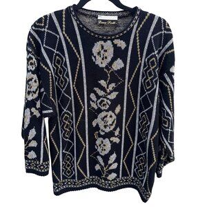 Dana Scott Vintage Metallic Floral Knit Sweater Cottage Glam M Black Gold Silver